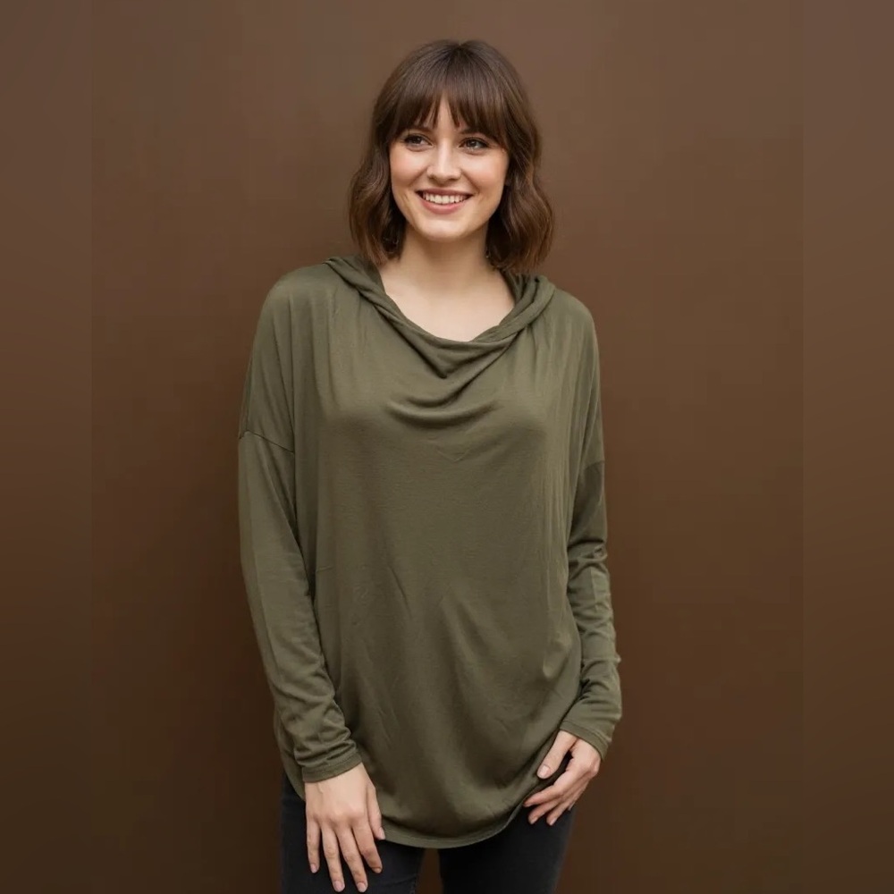 FP Beach Olive Green Draped Hoodie Long Sleeve Soft Top Size M